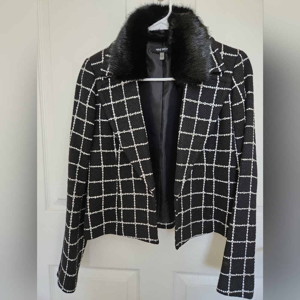 Nine West Black and White Windowpane Blazer with Faux Fir Collar